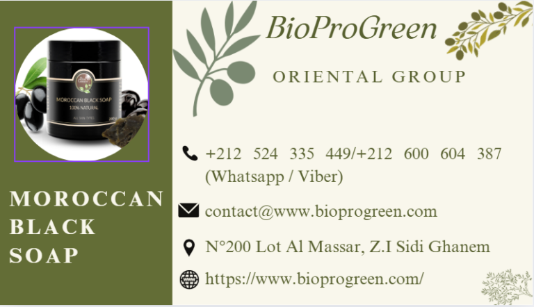 Contact details for Bioprogreen Moroccan Black Soap, including phone number , email, and official website for wholsale or inquiries.